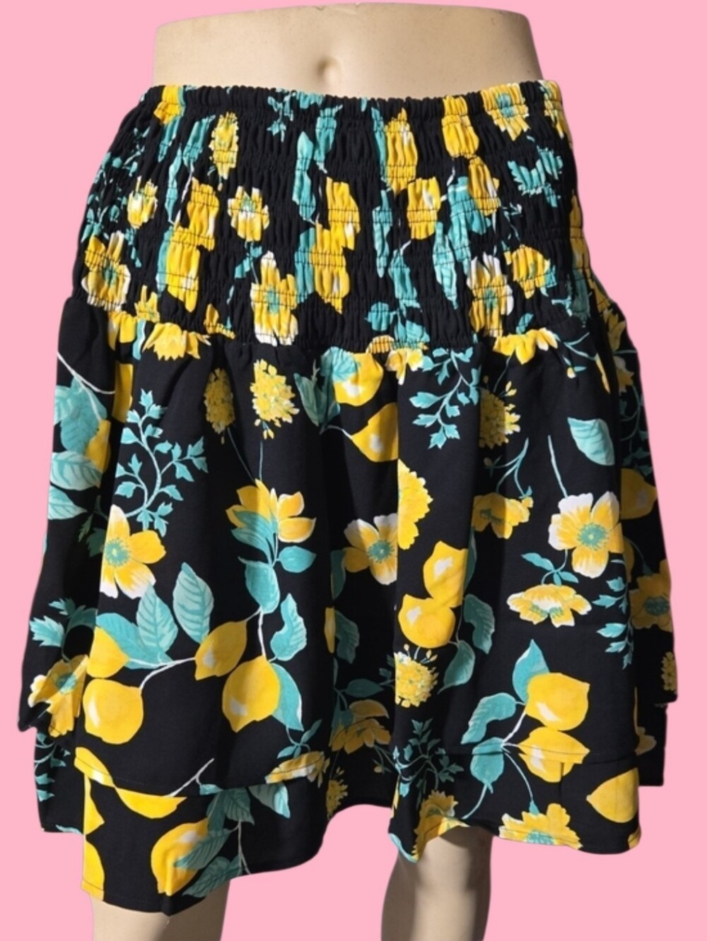 Sugarlips Black Circle Skirt with Yellow & Teal Floral Print